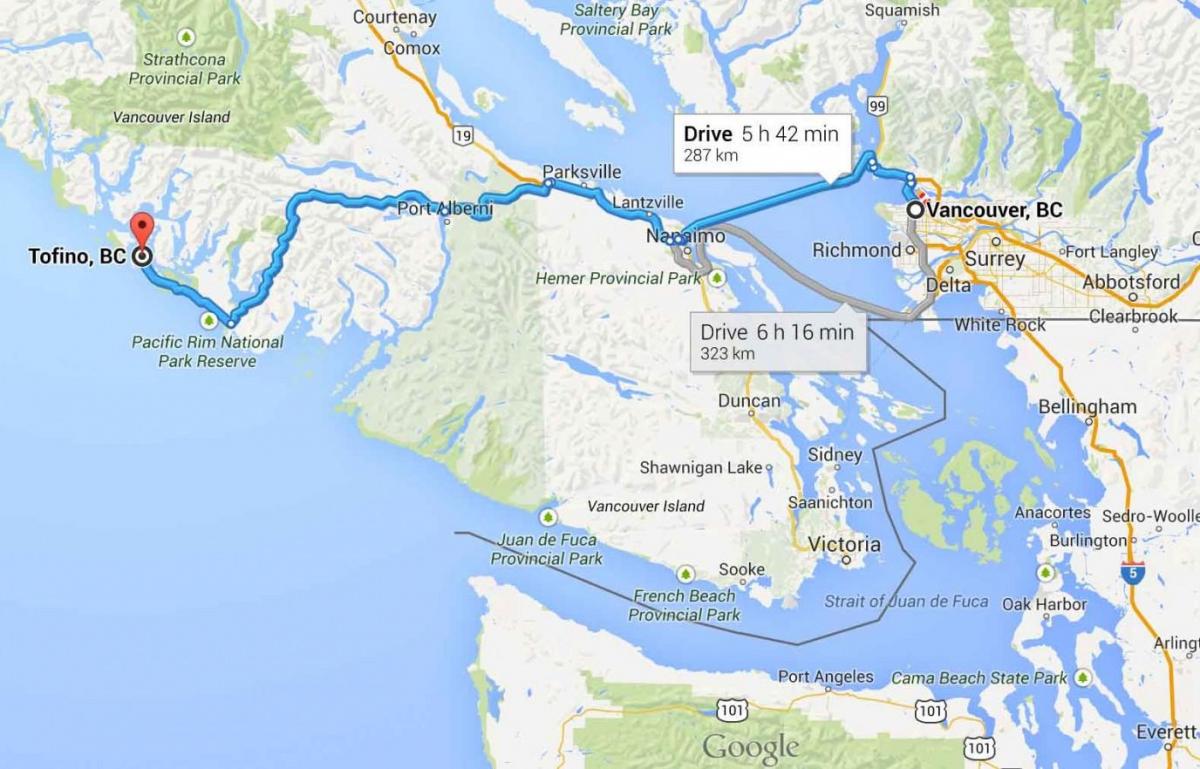 Mappa di tofino isola di vancouver