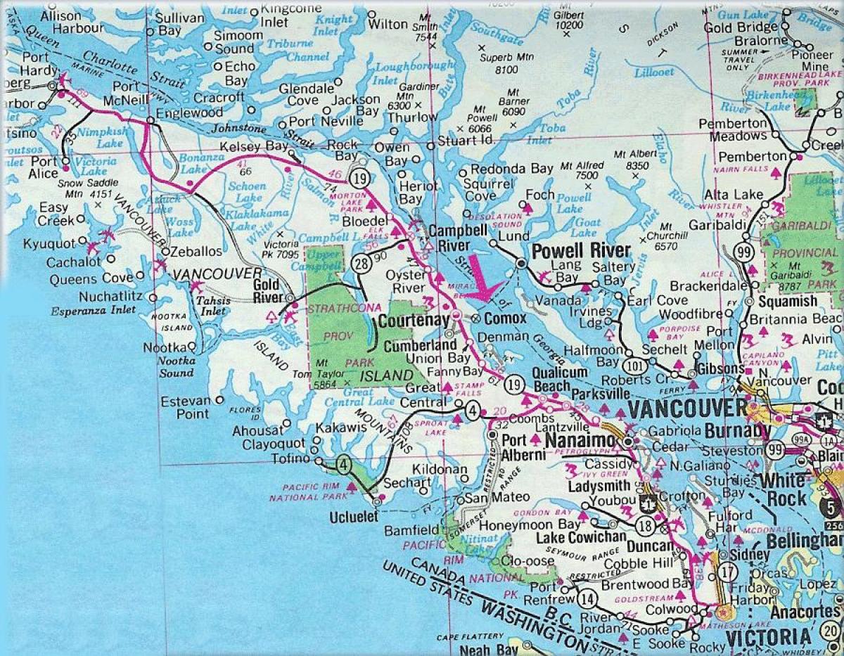 Mappa dell'isola di vancouver laghi